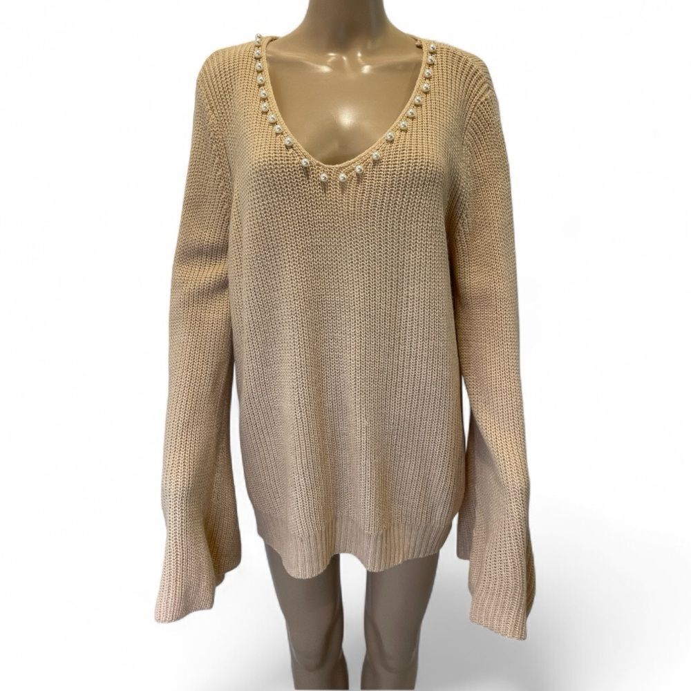 SHEIN Beige Knit Sweater with Pearl Accents size 1XL